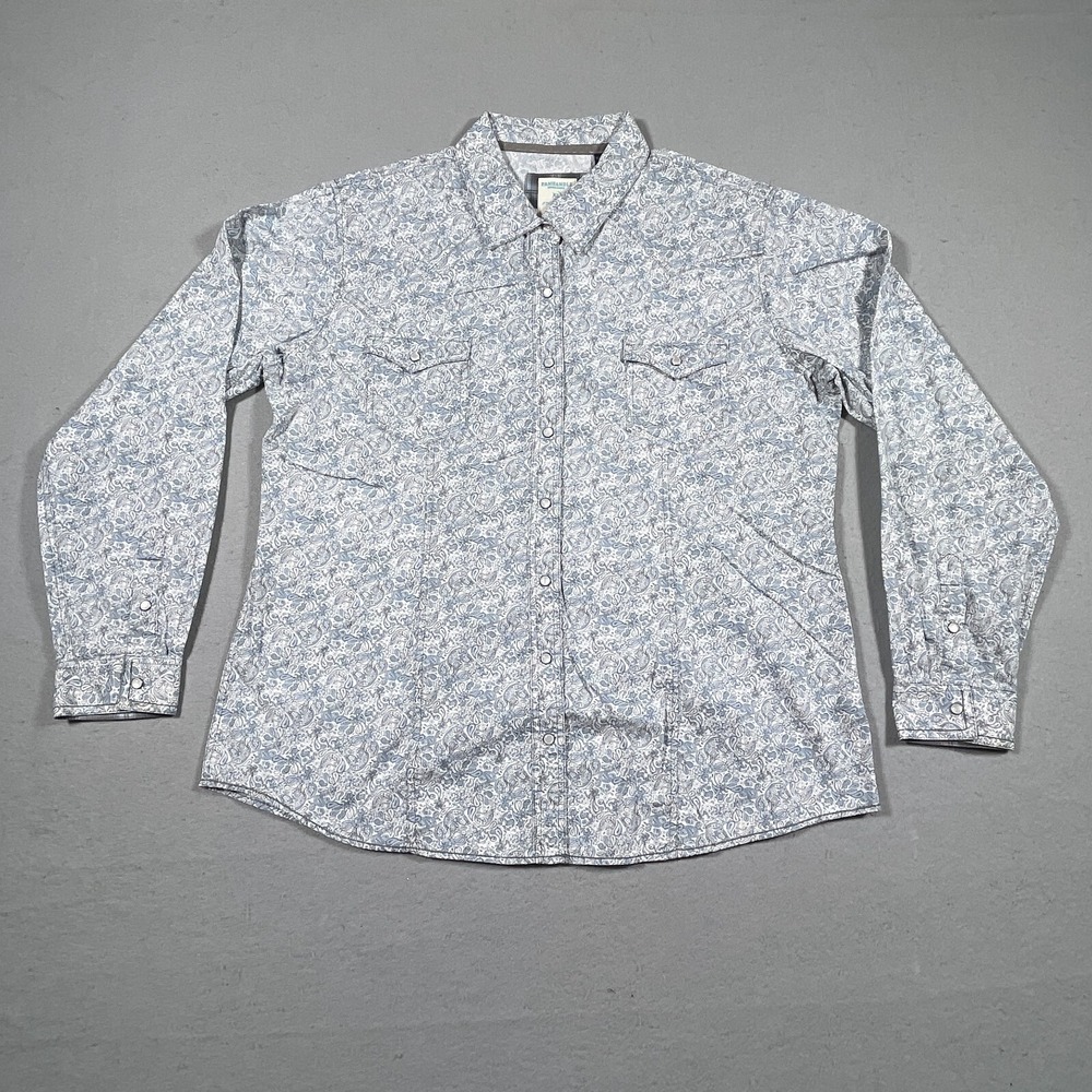 Panhandle Shirt Men XL Blue Paisley Western Pearl Snap Cotton Rough Stock Cowboy